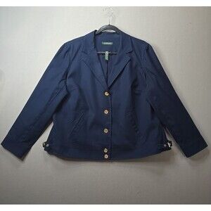 Ralph Lauren Women’s Blazer Jacket Size 16W Blue Navy Gold Button Stretch Cotton